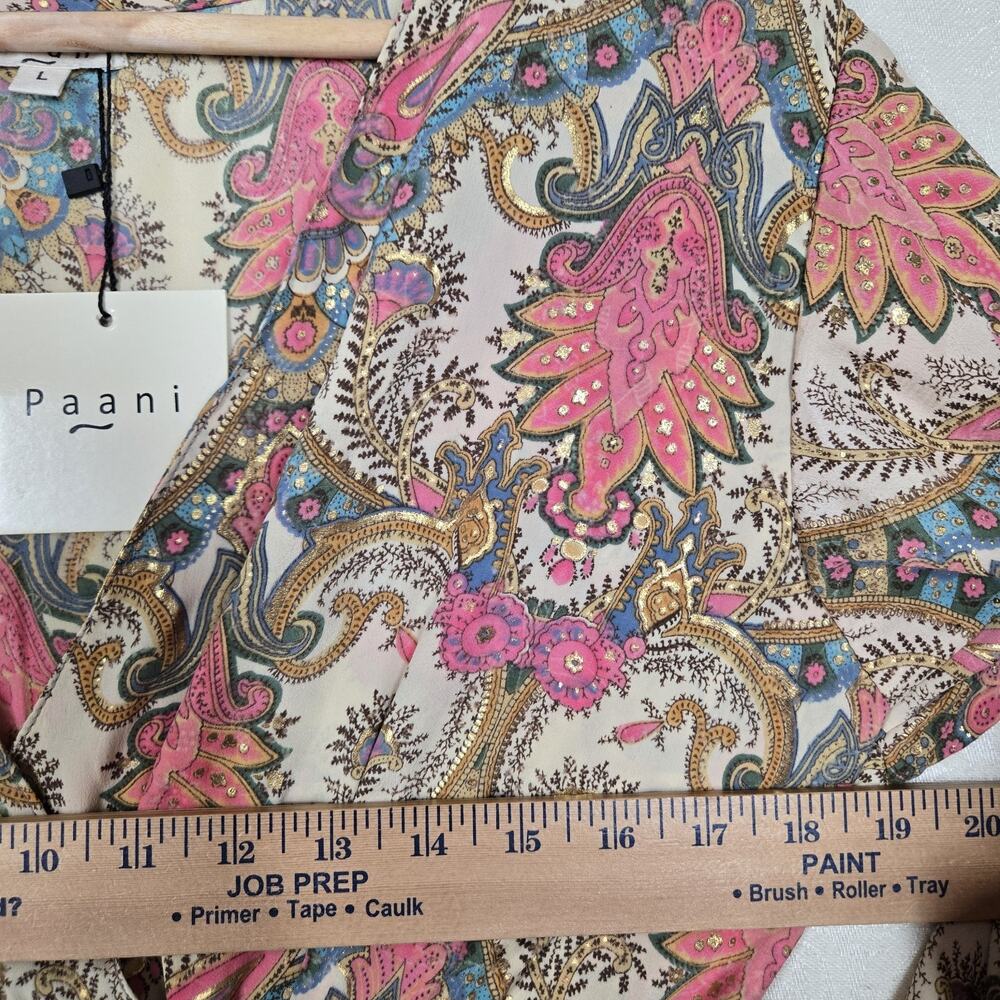 Paani Dress L Pink Paisley Smocked Bell Sleeve Boho Glam Ruffle - Picture 10 of 13